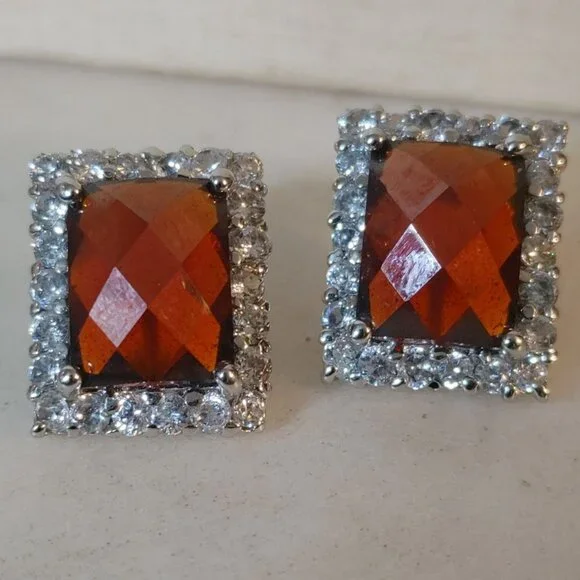 Garnet Earrings Sterling Silver 925 Vintage Square Red Bold Elegant Gemstones - Picture 1 of 9